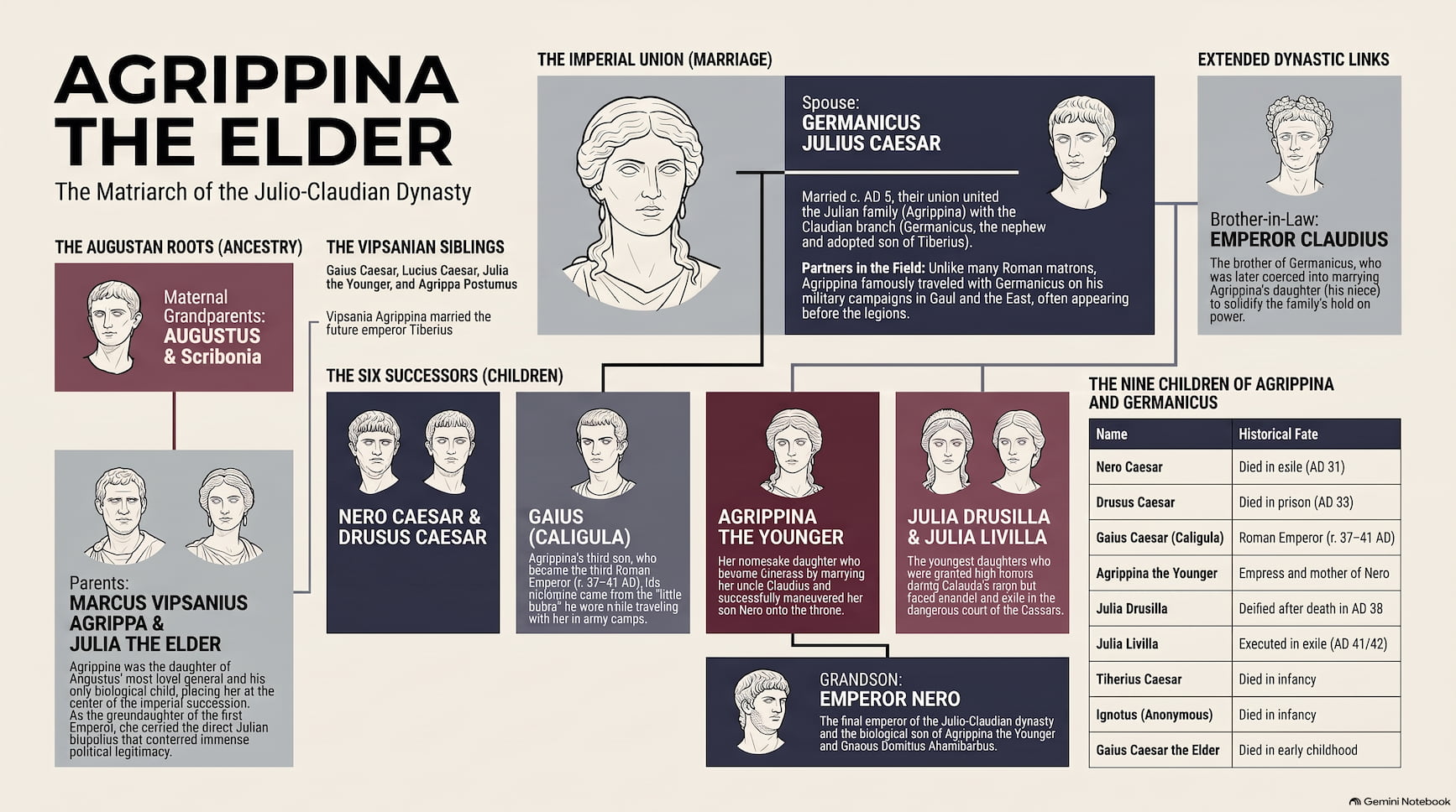 Illustrated family tree of Agrippina the Elder, showing her parents, husband Germanicus, children, and descendants including Nero