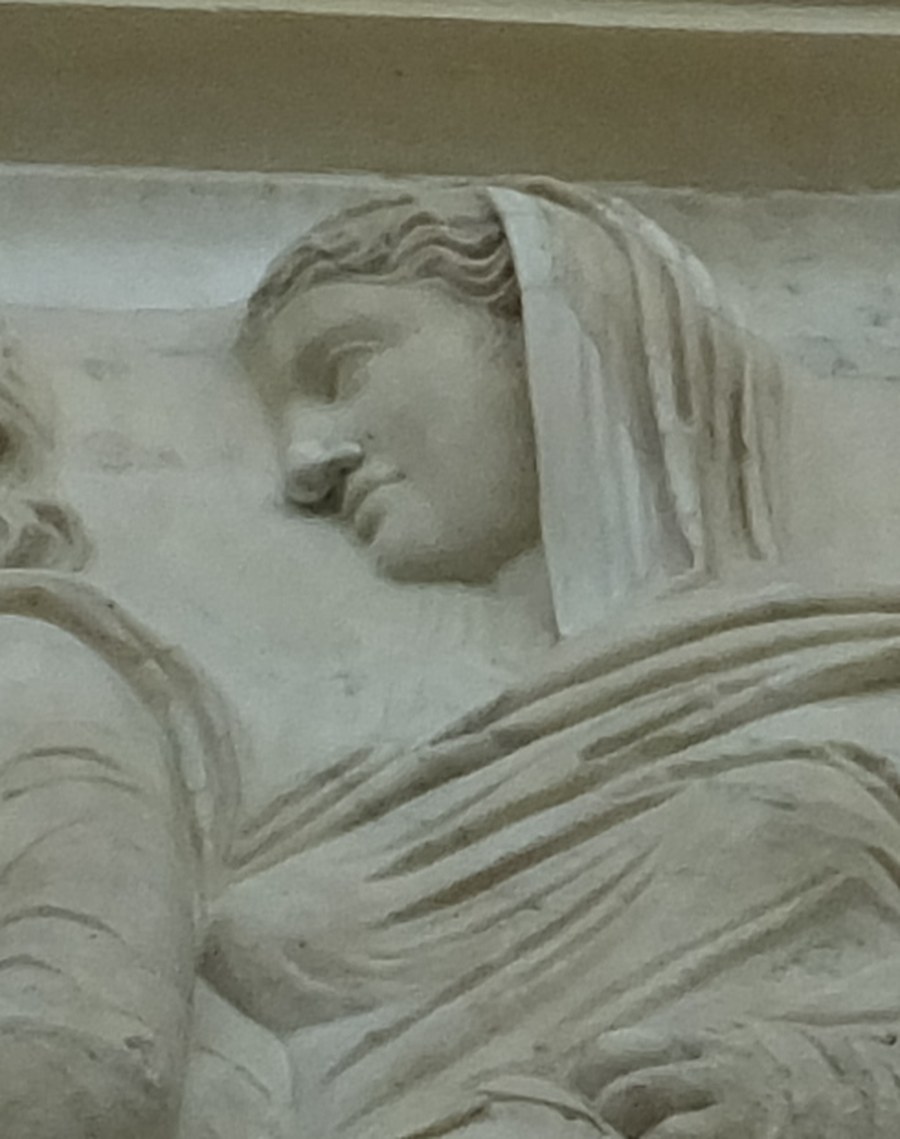 Detail of the Ara Pacis south frieze: a veiled Roman matron, proposed to be Antonia Major